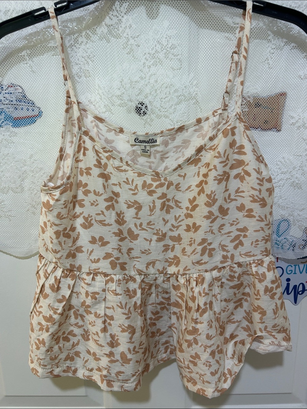 Camellia Cream Floral Ruffle Hem Camisole - Tan Print